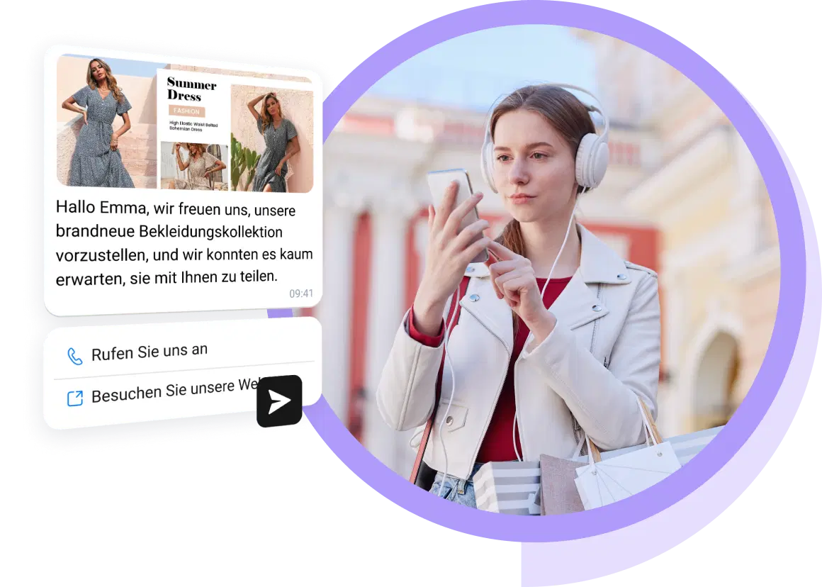 Frau mit Kopfhörern liest eine E-Commerce-Marketingnachricht über TopMessage.