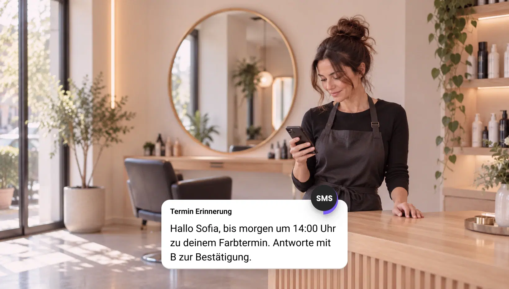 Saloninhaberin liest eine SMS-Terminerinnerung auf ihrem Smartphone