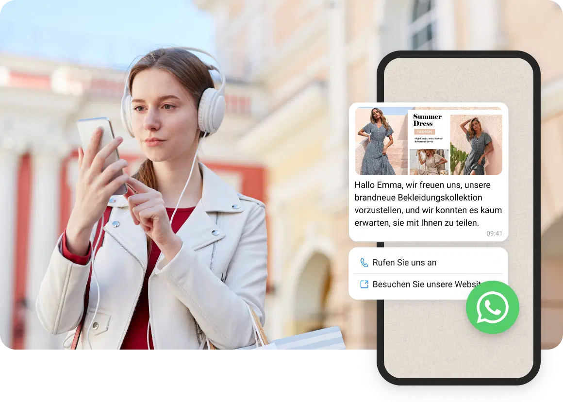 Ein Mädchen mit weißen Kopfhörern liest WhatsApp-Nachrichten von einem Online-Händler.
