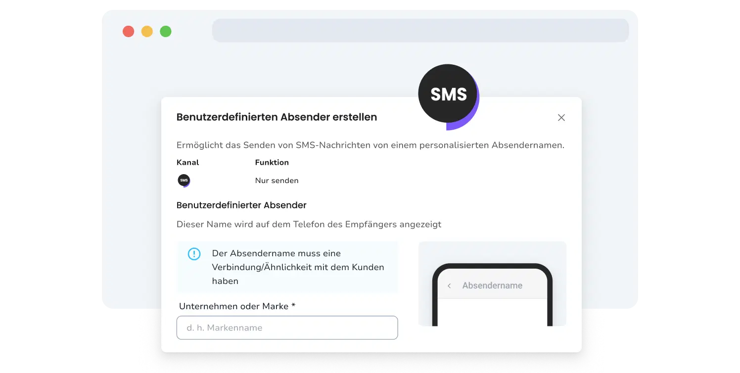 Darstellung der TopMessage-Seite zur Einrichtung eines gebrandeten SMS-Absenders.