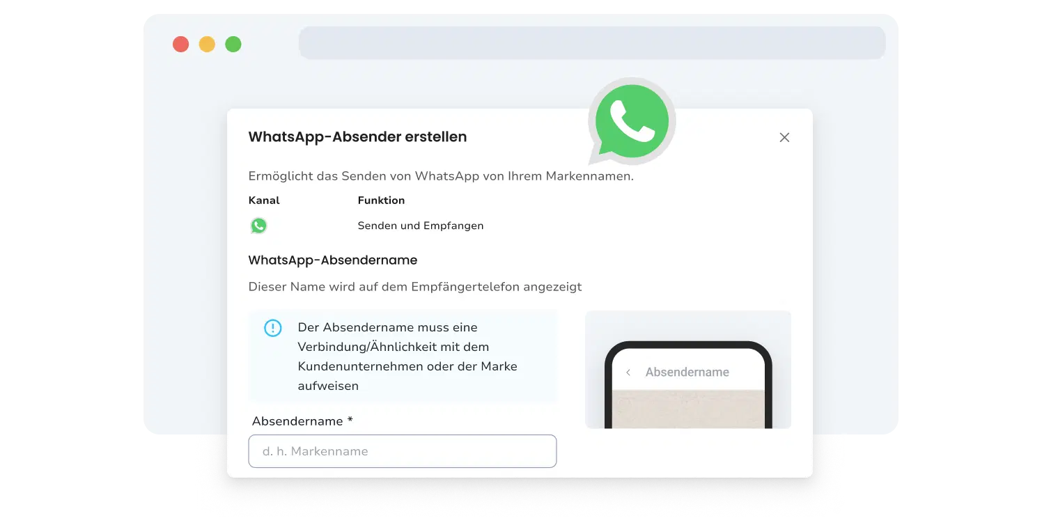 Screenshot der Seite zur WhatsApp-Absender-Konfiguration in TopMessage.