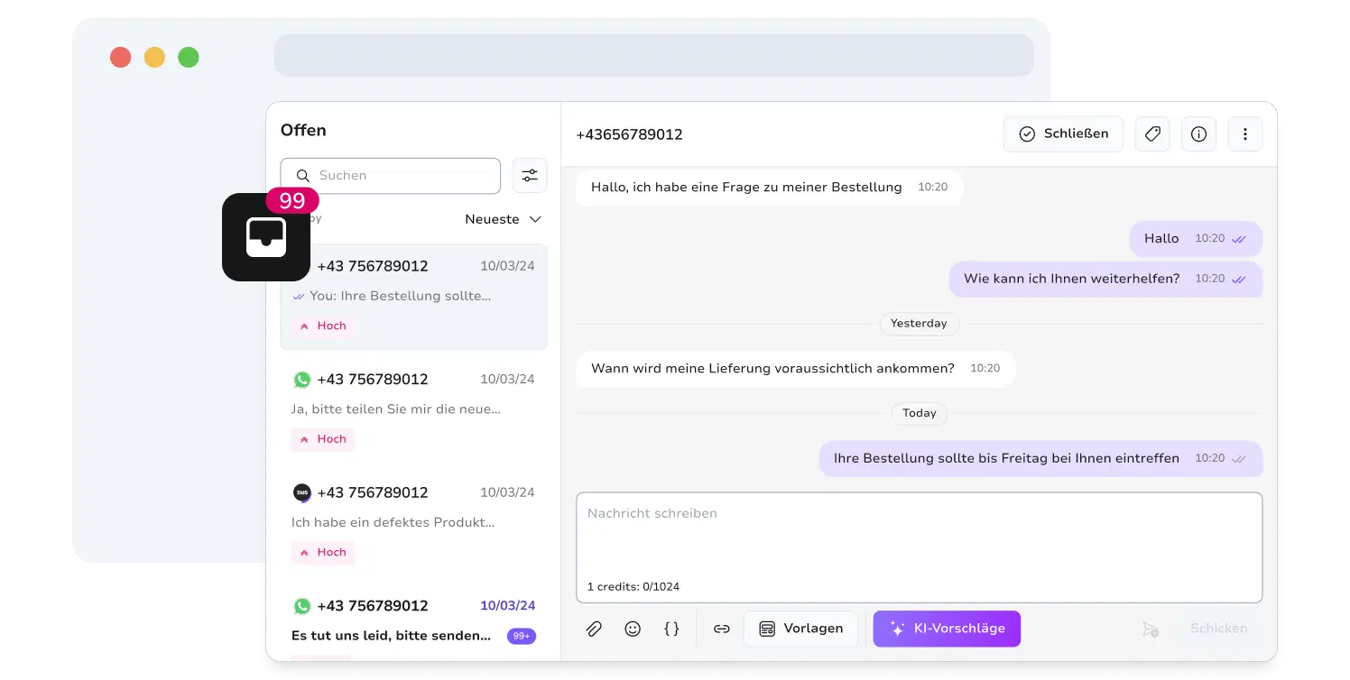Screenshot der zentralen Nachrichteninbox von TopMessage.