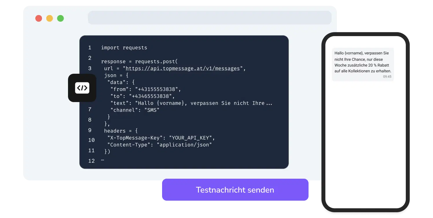 Screenshot der API-Seite, die die Funktion zur Testung von SMS-Codes auf TopMessage zeigt.
