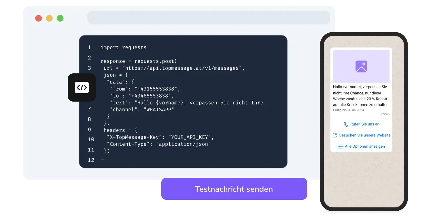 Screenshot der API-Seite von TopMessage, die die Funktion zum Testen von WhatsApp-Codes anzeigt.