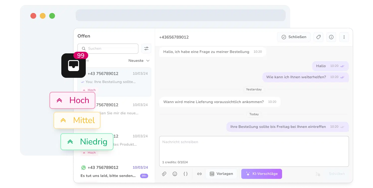 Screenshot des einheitlichen Nachrichten-Posteingangs von TopMessage mit Konversationsprioritäten