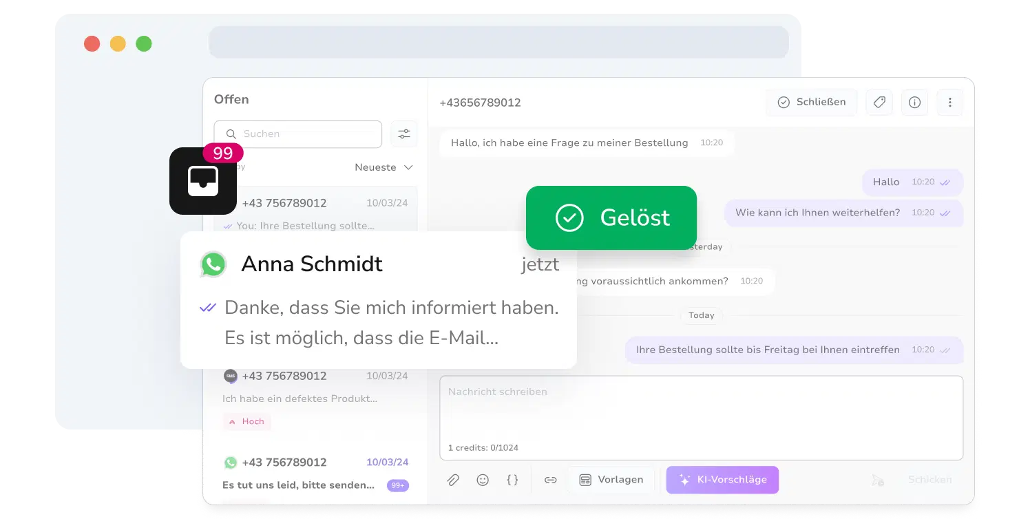 Darstellung des Posteingangs in TopMessage mit aufgeschlüsselten WhatsApp-Unterhaltungen.