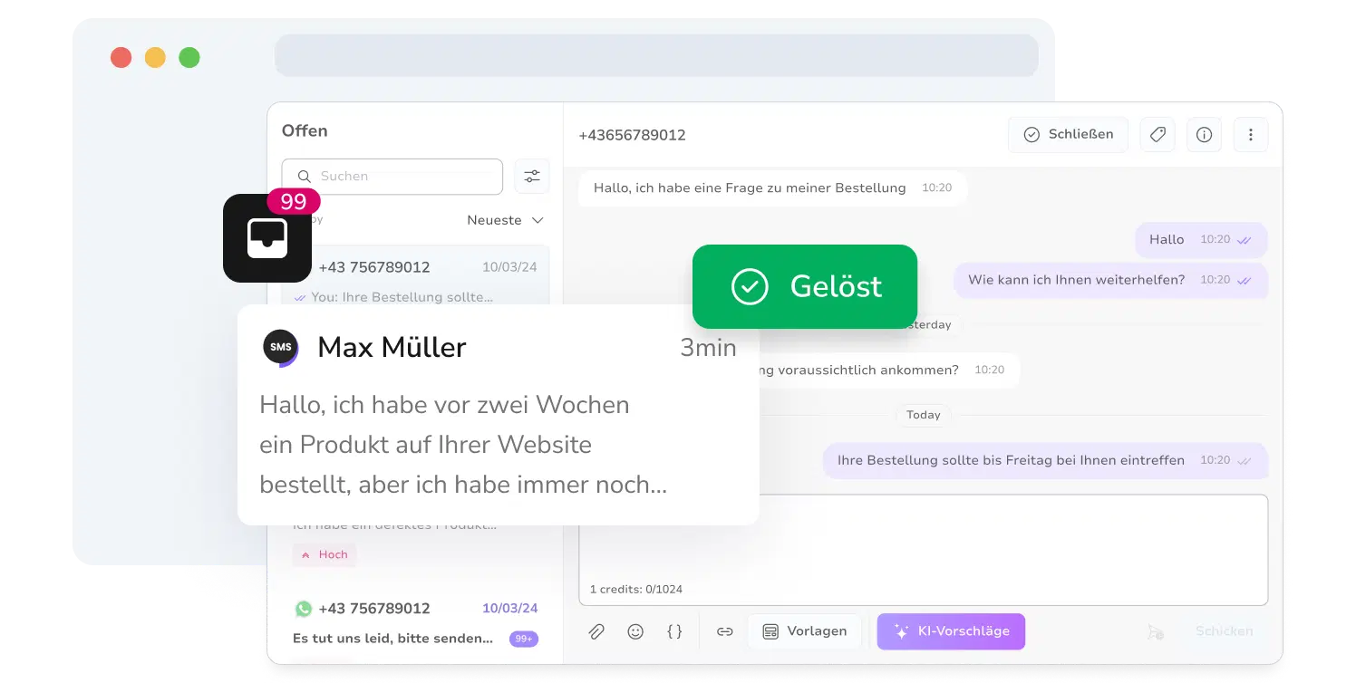 Screenshot des einheitlichen Messaging-Posteingangs von TopMessage mit aufgelösten SMS-Konversationen