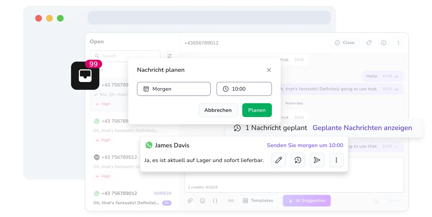 Screenshot der WhatsApp-Posteingangskonfiguration von TopMessage, inklusive Planungsfunktion.