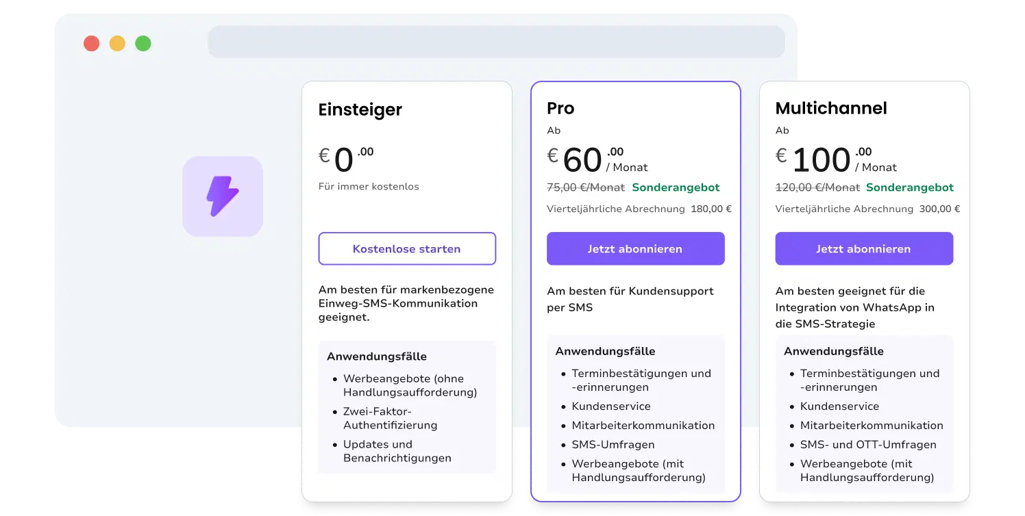 Vorschau der Preispläne auf der Website von TopMessage.