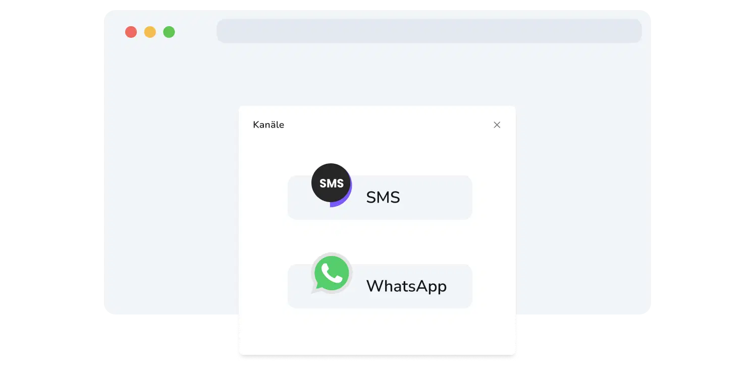 Screenshot der Auswahlseite für WhatsApp- und SMS-Kanäle von TopMessage