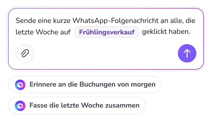 Eingabefeld, in dem TopAgent um eine WhatsApp-Nachricht zur Nachverfolgung gebeten wird