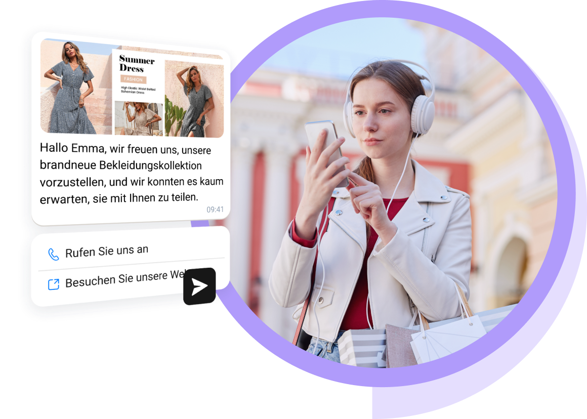 Frau mit Kopfhörern liest eine E-Commerce-Marketingnachricht über TopMessage.