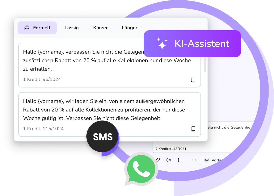 Screenshot des TopMessage-KI-Assistenten, der intelligente Antwortvorschläge generiert und die Kundenkommunikation über SMS und WhatsApp in der einheitlichen Inbox optimiert.