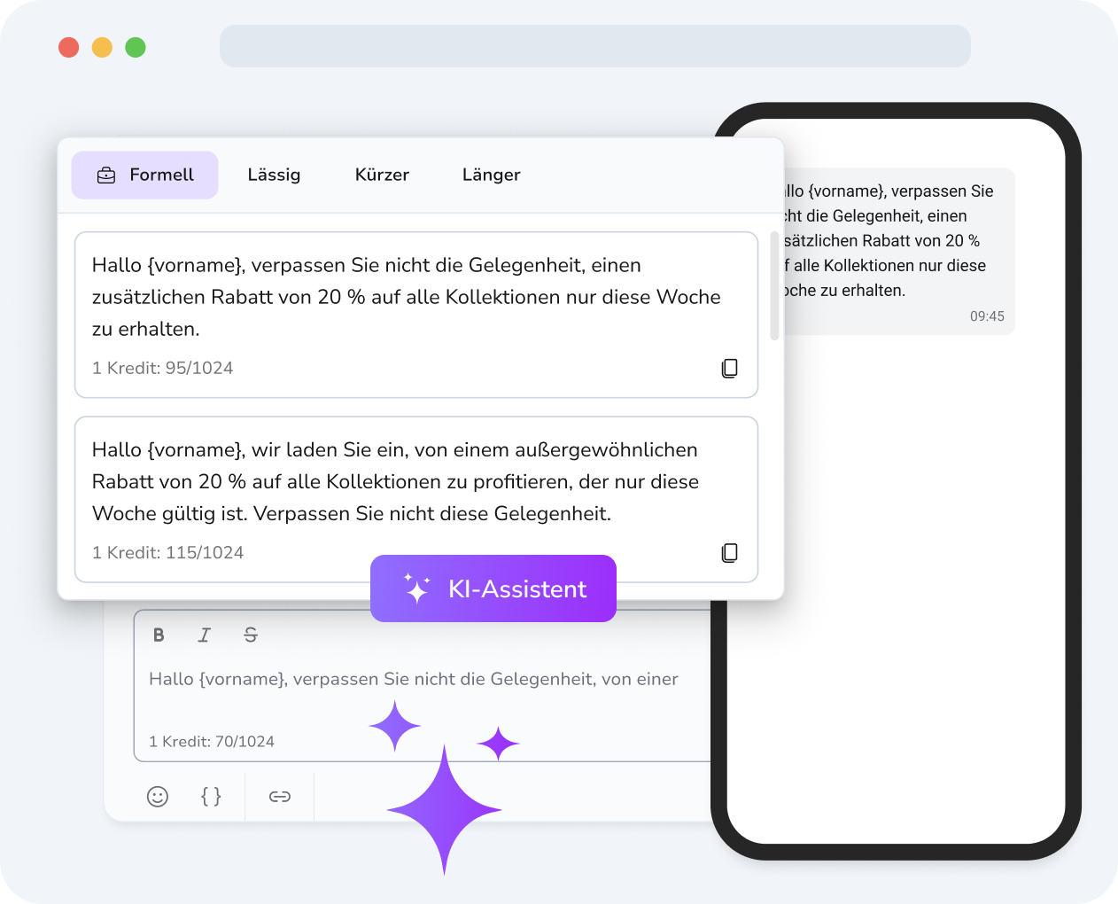 Telefonbildschirm mit TopMessage-KI, die intelligente Antwortvorschläge für eingehende SMS-Nachrichten generiert und diese mit einem Fingertipp versendet.