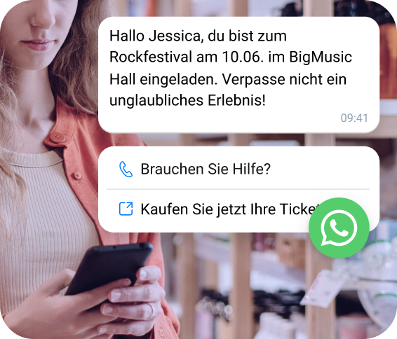 Eine WhatsApp-Vorlage bestätigt den erfolgreichen Ticketkauf für einen Event oder Veranstaltungsort.