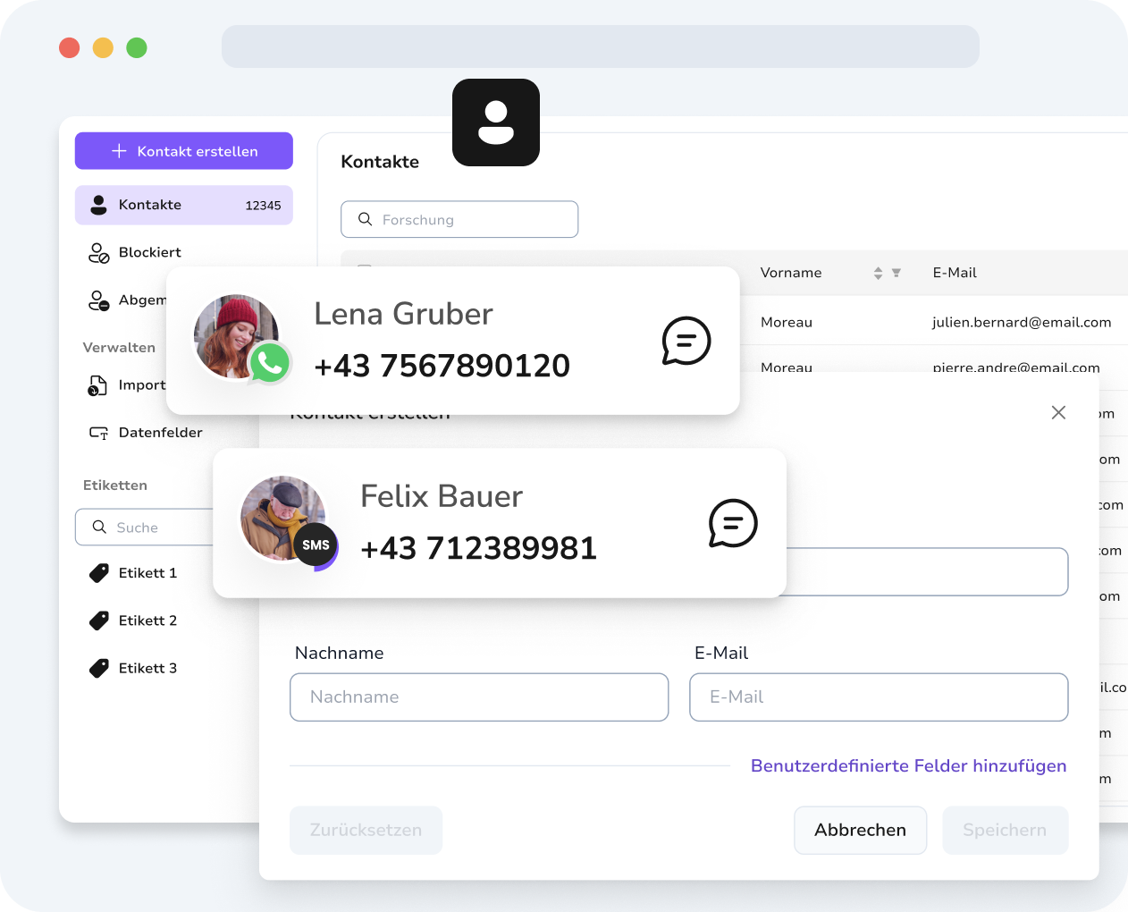 Dank benutzerdefinierter Felder können Sie Nachrichten gezielt personalisieren und Ihre Kontakte verwalten – egal ob für Marketing oder Kundenservice.