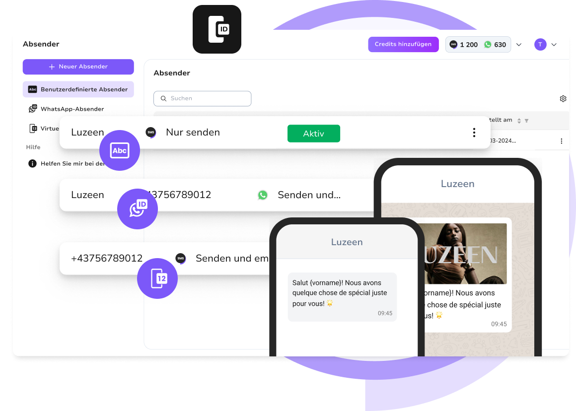 TopMessage Sender-Dashboard zeigt die Oberfläche zur Erstellung und Verwaltung von Absendern.