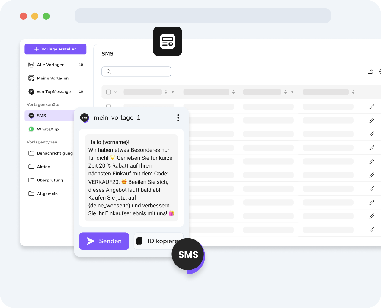 Zentrales TopMessage-Dashboard mit SMS- und WhatsApp-Vorlagen