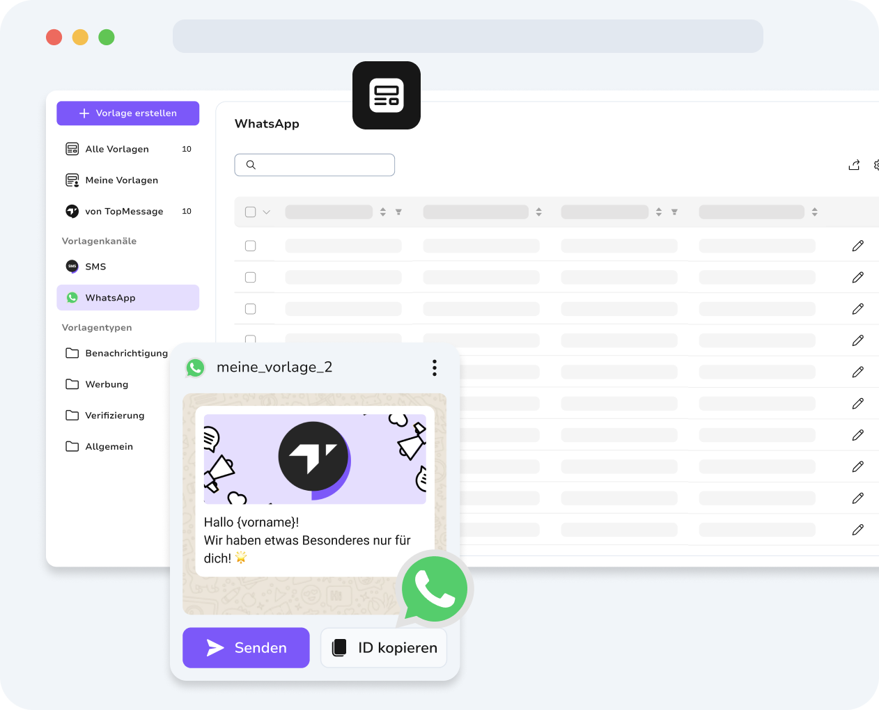 Im zentralen TopMessage-Dashboard werden WhatsApp-Vorlagen und SMS-Vorlagen gemeinsam zur einfachen Kommunikationssteuerung angezeigt.