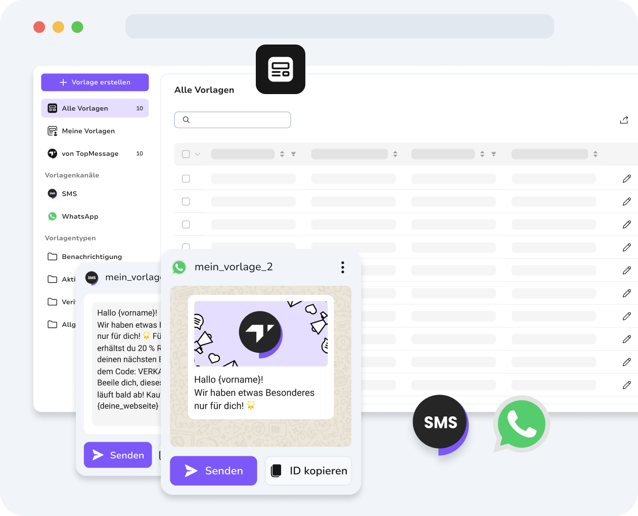 Zentrales Dashboard mit SMS- und WhatsApp-Vorlagen zur einfachen Verwaltung