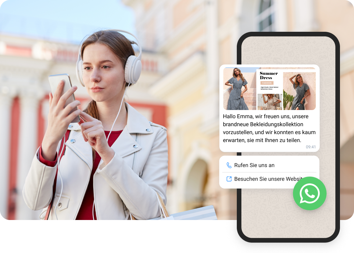 Ein Mädchen mit weißen Kopfhörern liest WhatsApp-Nachrichten von einem Online-Händler.