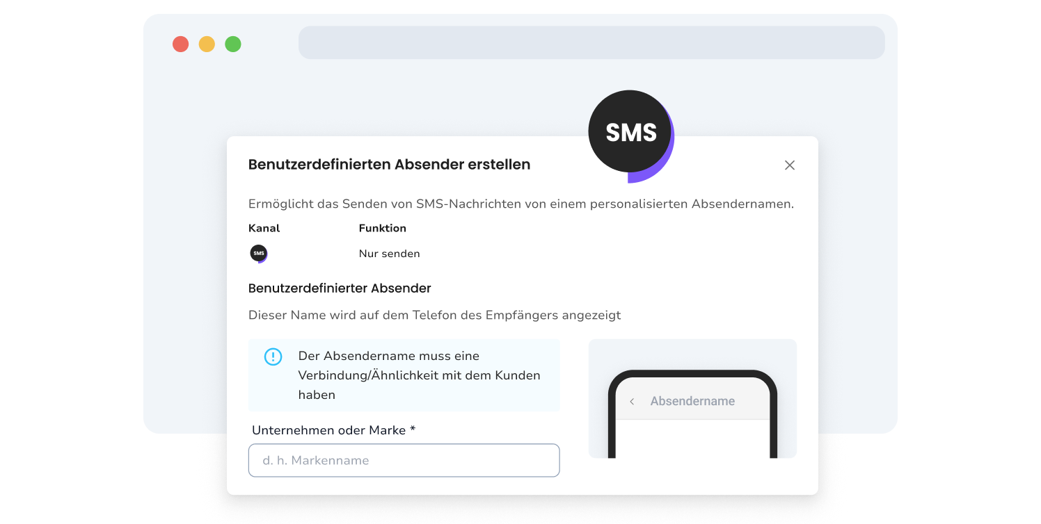 Darstellung der TopMessage-Seite zur Einrichtung eines gebrandeten SMS-Absenders.