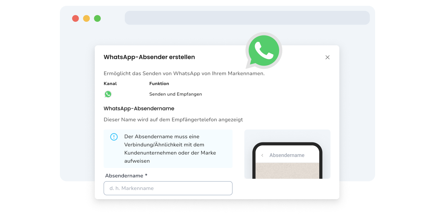 Screenshot der Seite zur WhatsApp-Absender-Konfiguration in TopMessage.