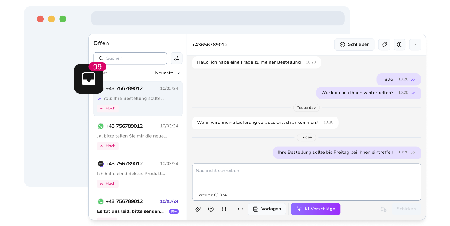 Screenshot der zentralen Nachrichteninbox von TopMessage.