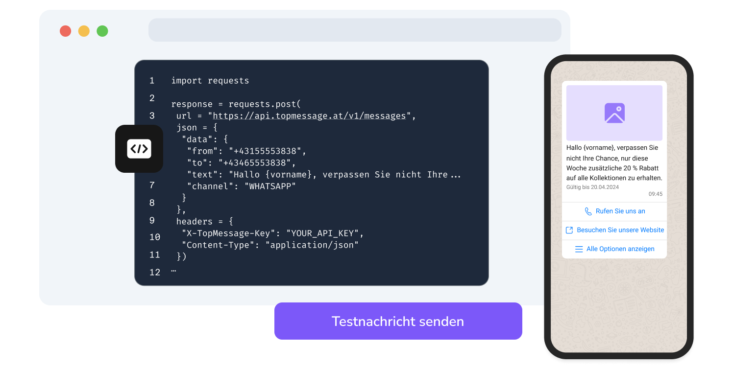 Screenshot der API-Seite von TopMessage, die die Funktion zum Testen von WhatsApp-Codes anzeigt.