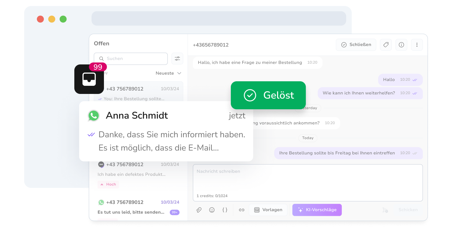 Darstellung des Posteingangs in TopMessage mit aufgeschlüsselten WhatsApp-Unterhaltungen.