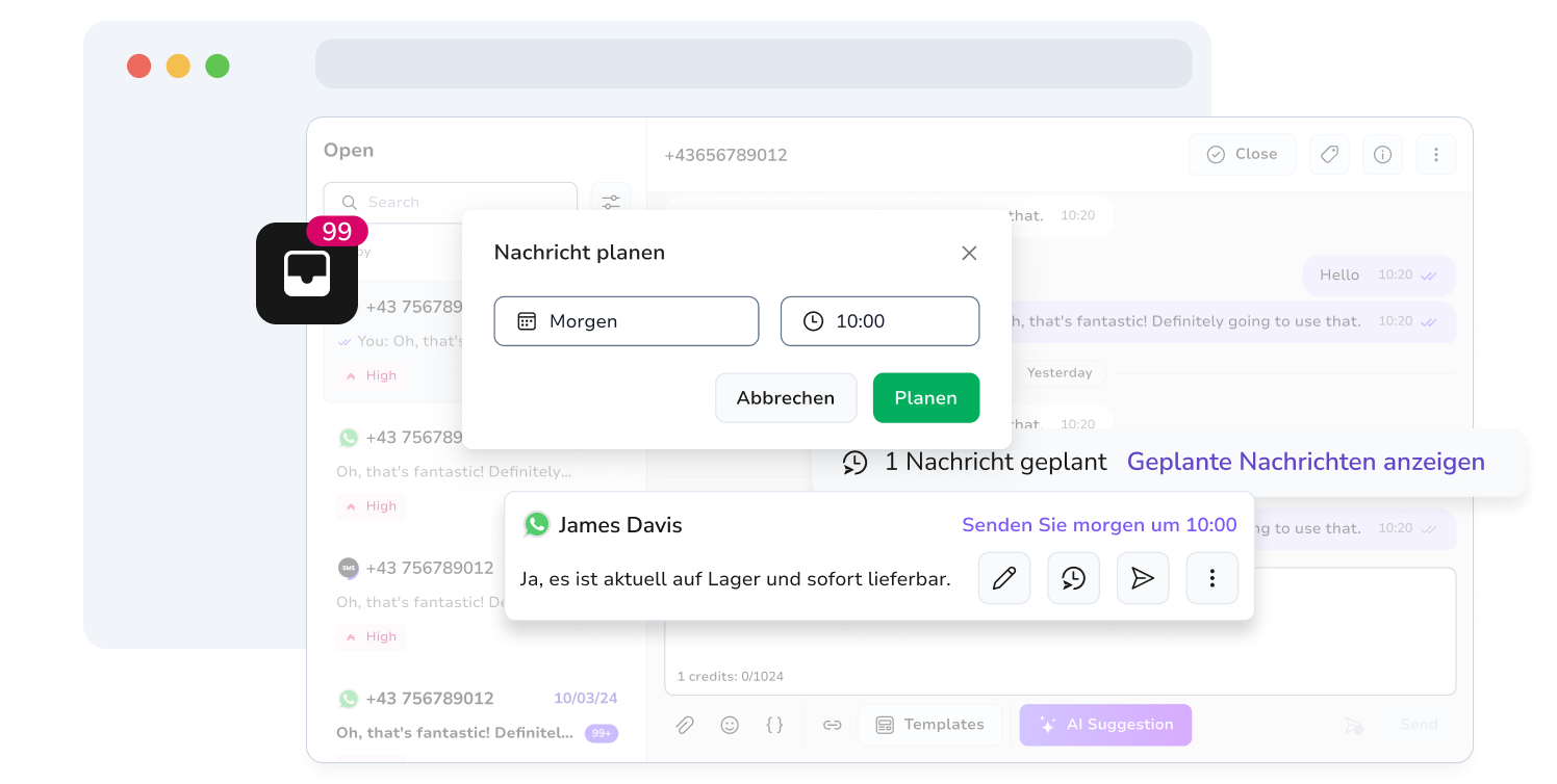 Screenshot der WhatsApp-Posteingangskonfiguration von TopMessage, inklusive Planungsfunktion.