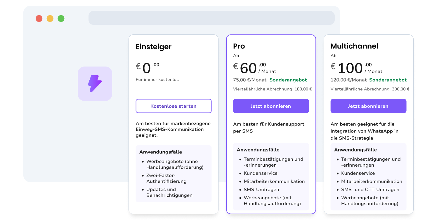 Vorschau der Preispläne auf der Website von TopMessage.