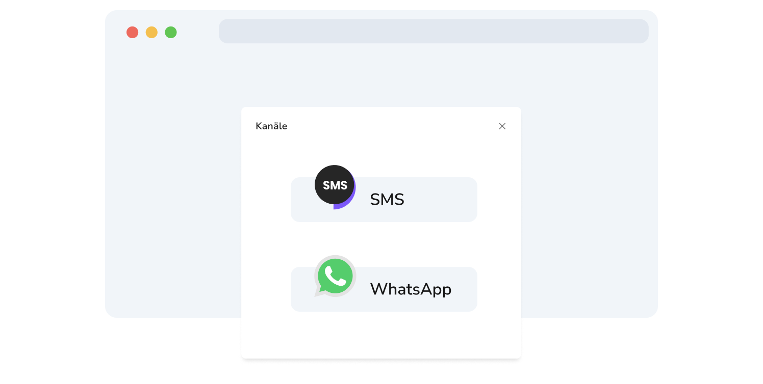 Screenshot der Auswahlseite für WhatsApp- und SMS-Kanäle von TopMessage