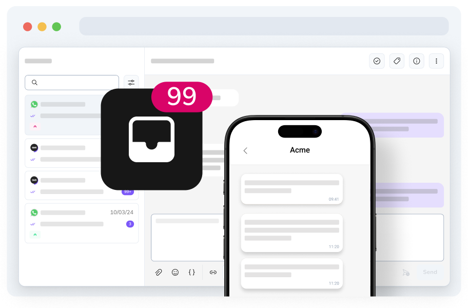 Benutzeroberfläche der Messaging-Plattform mit Smartphone und Benachrichtigungssymbol (99 Nachrichten) – Symbol für hohe Aktivität und Reichweite.