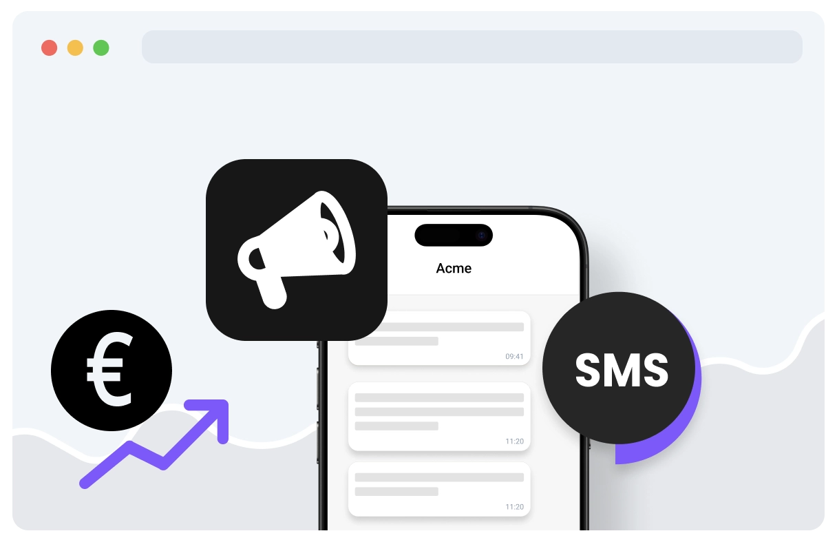 Smartphone mit SMS- und Megaphon-Icons, daneben Euro-Symbol und Aufwärtspfeil – steht für Umsatzsteigerung und Marketingerfolg.