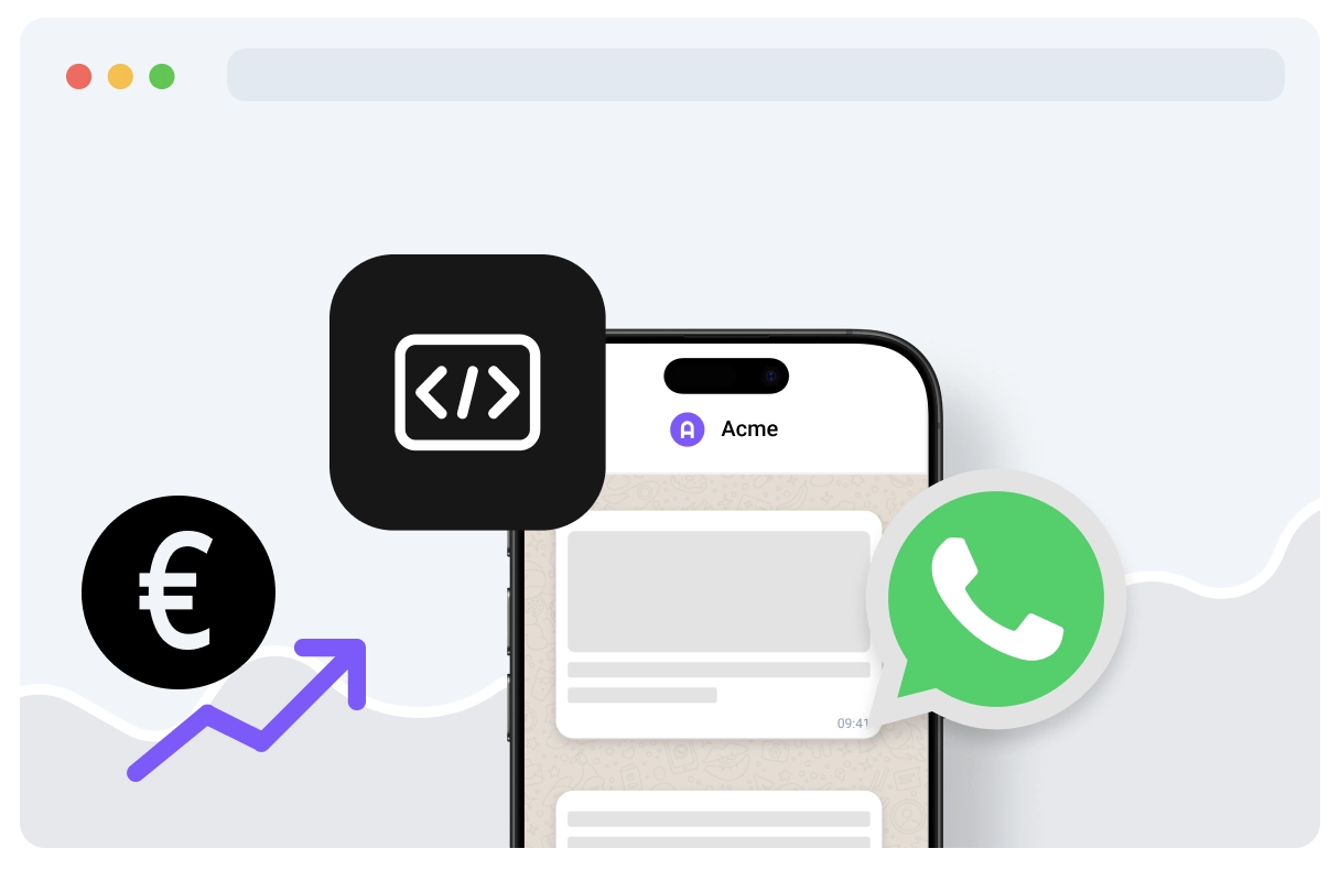 Smartphone mit WhatsApp- und Code-Symbolen sowie Euro-Symbol und Aufwärtspfeil – steht für Integration und steigende Einnahmen.